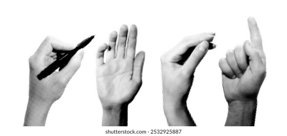 Set of halftone images of hands. Pop art retro style illustration