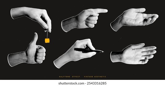 Conjunto de imagens de meio-tom das mãos. Ilustração do estilo retrô da arte pop