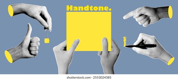 Set of halftone images of hands. Pop art retro style illustration