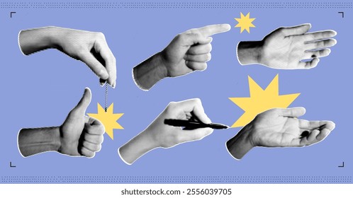 Set of halftone images of hands. Pop art retro style illustration
