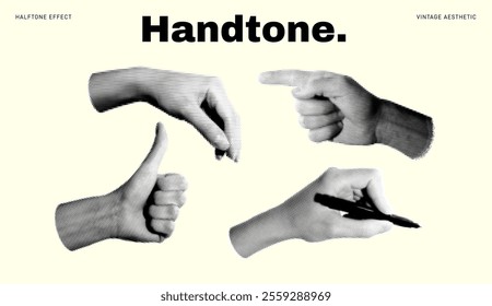 Set of halftone images of hands. Pop art retro style illustration