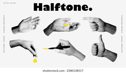 Set of halftone images of hands. Pop art retro style illustration