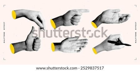 Set of halftone images of hands. Pop art retro style illustration