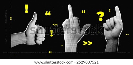 Set of halftone images of hands. Pop art retro style illustration