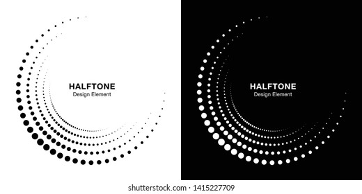 Set of Halftone incomplete circle frame dots logo isolated on  background. Circular part design element for treatment, technology. Half round border Icon using halftone circle dots texture. Vector