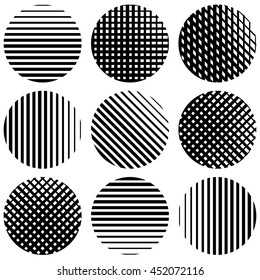 Set of half-tone lines in circles. Straight vertical, horizontal, diagonal and grid, mesh lines.