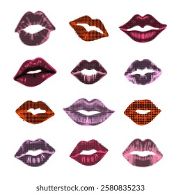 Set of halftone lips in various shapes and colors. Retro pop art style, perfect for fashion, beauty, and Valentines Day designs.