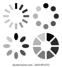 Set of halftone loading icons in dotted pop art style. Circular progress symbols for user interface, buffering, and preloader animations. Black and white minimal vector illustration.