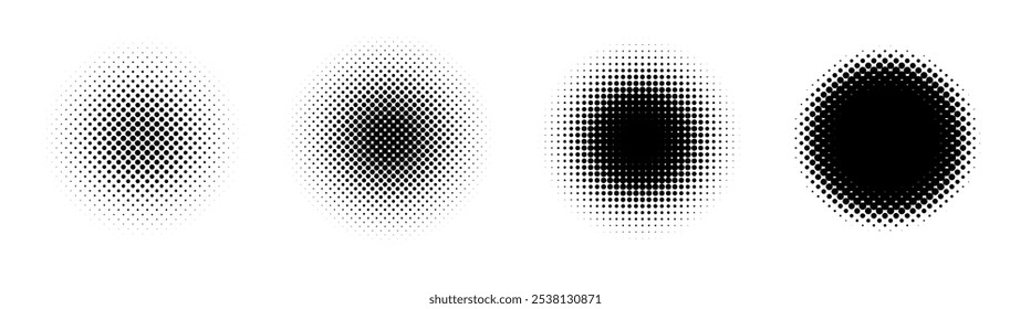 Set of halftone monochrome circles. Vector illustration.