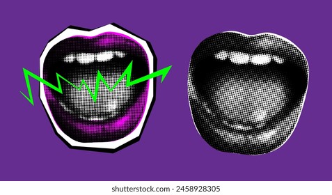 Set of halftone open mouth in scream. Collage design lips in trendy Y2K magazine style. Vector illustration with crazy punk cutout element.