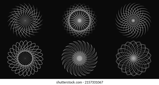 Un conjunto de patrones de medio tono. Sellos creativos. Patrón circular abstracto. Motivo de encaje. Ilustración vectorial.