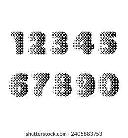 Set of halftone pixel digits. Vintage decorative number, digit. Numeral with noisy texture for technology design, logo icon. Vector illustration.