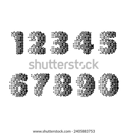 Set of halftone pixel digits. Vintage decorative number, digit. Numeral with noisy texture for technology design, logo icon. Vector illustration.