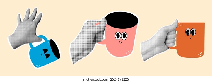 Conjunto de manos retro de medio tono con tazas de café planas de dibujos animados. 