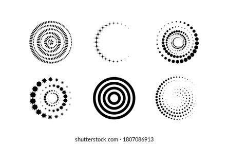 Set of halftone round dotted frames. Circle elements isolated. Dots, stars, sticks, lines. Logo design element for medicine, cosmetics. A round border using a halftone circle texture. Vector.