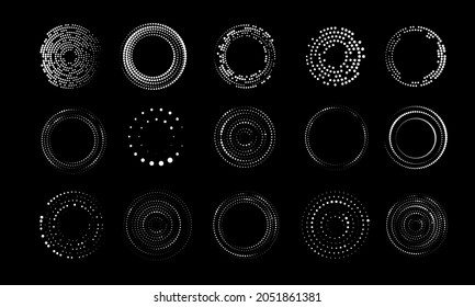 Set of halftone round dotted frames. Design element for frame, logo, web pages, prints, posters, template.