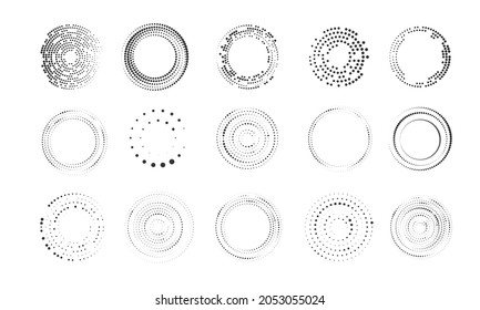 Set of halftone round dotted frames. Design element for frame, logo, web pages, prints, posters, template.