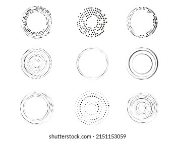 Set of halftone round dotted frames. Design element for frame, logo, web pages, prints, posters, template.