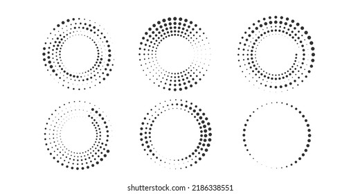 Set of halftone round dotted frames. Design element for frame, logo, web pages, prints, posters, template.