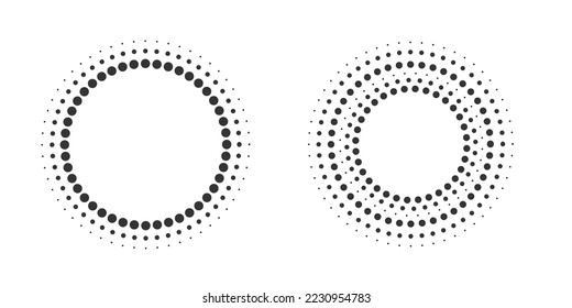 Set of halftone round dotted frames. Design element for frame, logo, web pages, prints, posters, template.