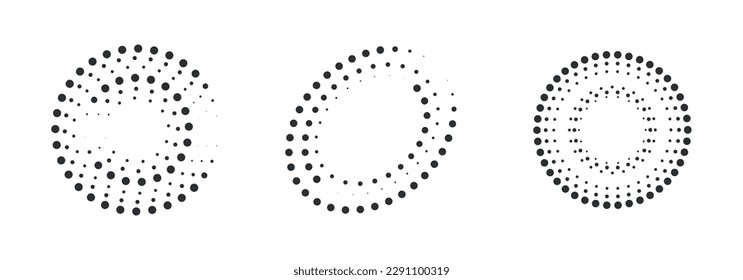 Set of halftone round dotted frames. Design element for frame, logo, web pages, prints, posters, template.