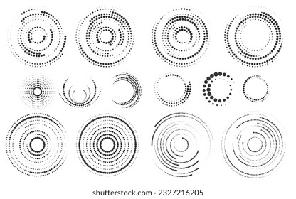 Set of halftone round dotted frames. Design element for frame, logo, web pages, prints, posters, template.