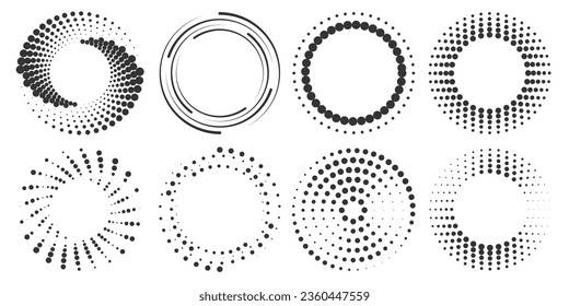 Set of halftone round dotted frames. Design element for frame, logo, web pages, prints, posters, template.