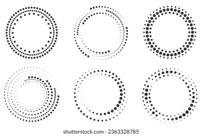 Set of halftone round dotted frames. Design element for frame, logo, web pages, prints, posters, template.