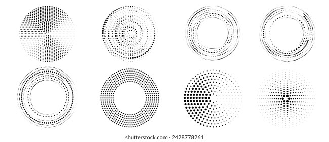 Set of halftone round dotted frames. Design element for frame, logo, web pages, prints, posters, template.