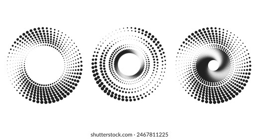 Set of halftone round dotted frames. Design element for frame, logo, web pages, prints, posters, template.	