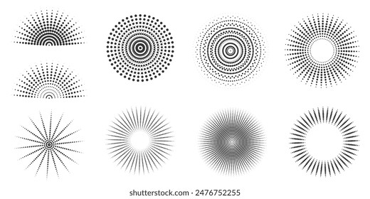 Set of halftone round dotted frames. Design element for frame, logo, web pages, prints, posters, template.