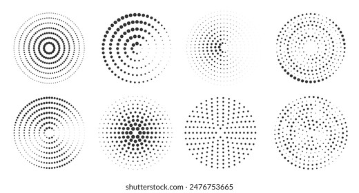 Set of halftone round dotted frames. Design element for frame, logo, web pages, prints, posters, template.	