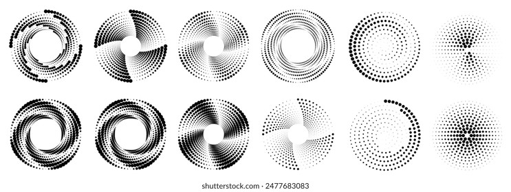 Set of halftone round dotted frames. Design element for frame, logo, web pages, prints, posters, template.	