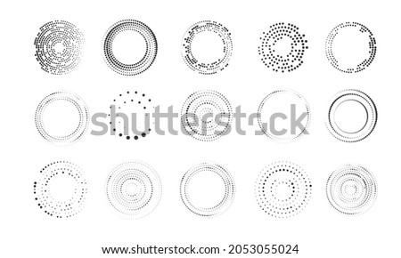 Set of halftone round dotted frames. Design element for frame, logo, web pages, prints, posters, template.