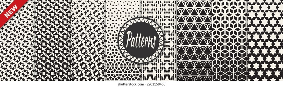 Satz von nahtlosen Halbtonmustern. Abstraktes geometrisches, einfaches Muster. Nahtloses geometrisches Halbtonmuster.