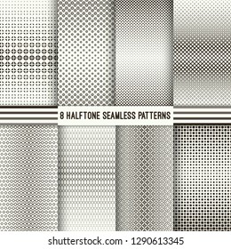 Set of halftone seamless patterns. Modern stylish textures with regularly repeating geometric shapes, rhombuses, triangles, dots, flowers of the different size. Gradation from bigger to smaller