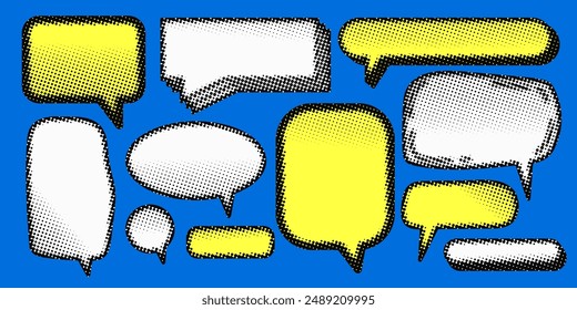 Set of halftone speech bubbles. Modern collage design elements. Newspaper cut out elements. Comic style text boxes. Pixelated speech bubbles