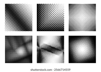 Set of halftone square backgrounds, abstract grunge grid patterns with black and white dot gradients.
