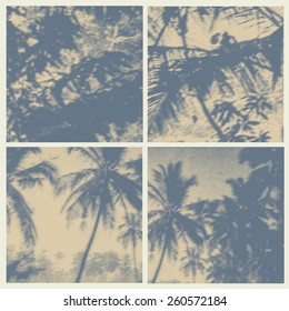 set halftone square backgrounds with palms trees silhouettes. vector illustration.