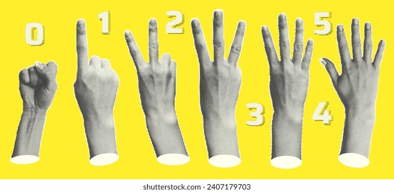 Set of halftone statue hands Trendy creative collage elements showing gestures counting from zero to five isolated yellow background Cut magazine style Contemporary Modern design Vector illustration