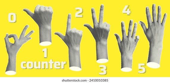 Set of halftone statue hands Trendy creative collage elements showing gestures counting from zero to five isolated yellow background Cut magazine style Contemporary Modern design Vector illustration