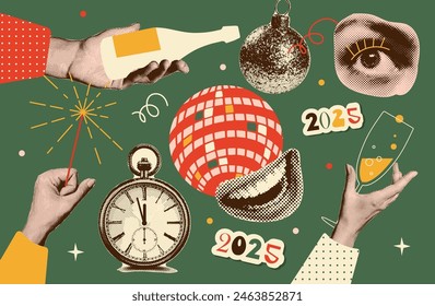 Set of halftone stickers - hand holding drink, lips, mouth, smile, disco ball, clock and bauble. Retro collection of Christmas and New Year design elements. Trendy newspaper collage.Party time. Vector