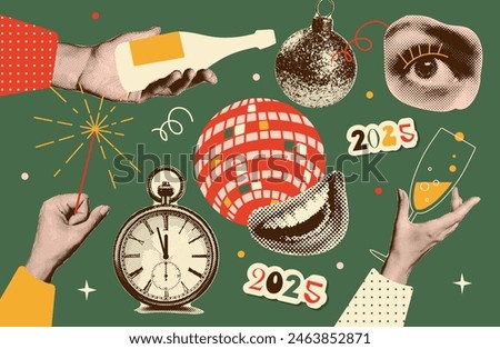 Set of halftone stickers - hand holding drink, lips, mouth, smile, disco ball, clock and bauble. Retro collection of Christmas and New Year design elements. Trendy newspaper collage.Party time. Vector