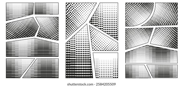 Set Halftone Stipple comic manga book template design. Screentone page collection. Trendy Halftone engraved pop art Frame set. Vector background with dots Stipple effect. EPS 10	