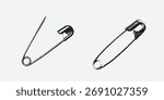 Set of halftone stipple elements, safety pins that can be opened and closed after being punctured with needles. attached to surface. Grunge punk dotted texture for collage design