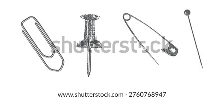 Set of halftone stipple elements, safety pins and pins that can be opened and closed after being punctured with needles. attached to surface. Grunge punk dotted texture for collage design
