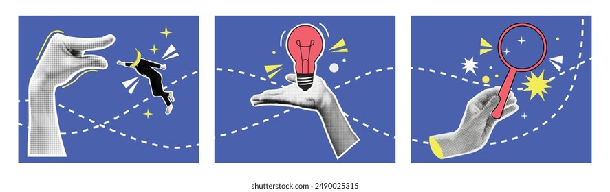 Set in halftone style. Gesture. Super business concept. Idea. Vector. Trendy style. Retro banner. Collage. Aesthetic poster. Office worker. A hand holds a magnifying glass, a light bulb. Elements