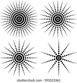 Set halftone sun rays to pop art compositions, the points are reduced in a circle, the vector glow stars pop-art style