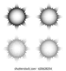 Set halftone sun or stars rays to pop art compositions. Vector illustration