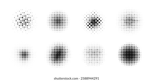 A set of halftone textures with circular dot patterns on a white background, each with a different density and placement. The minimal design emphasizes the variety of textures, contrast and shape.